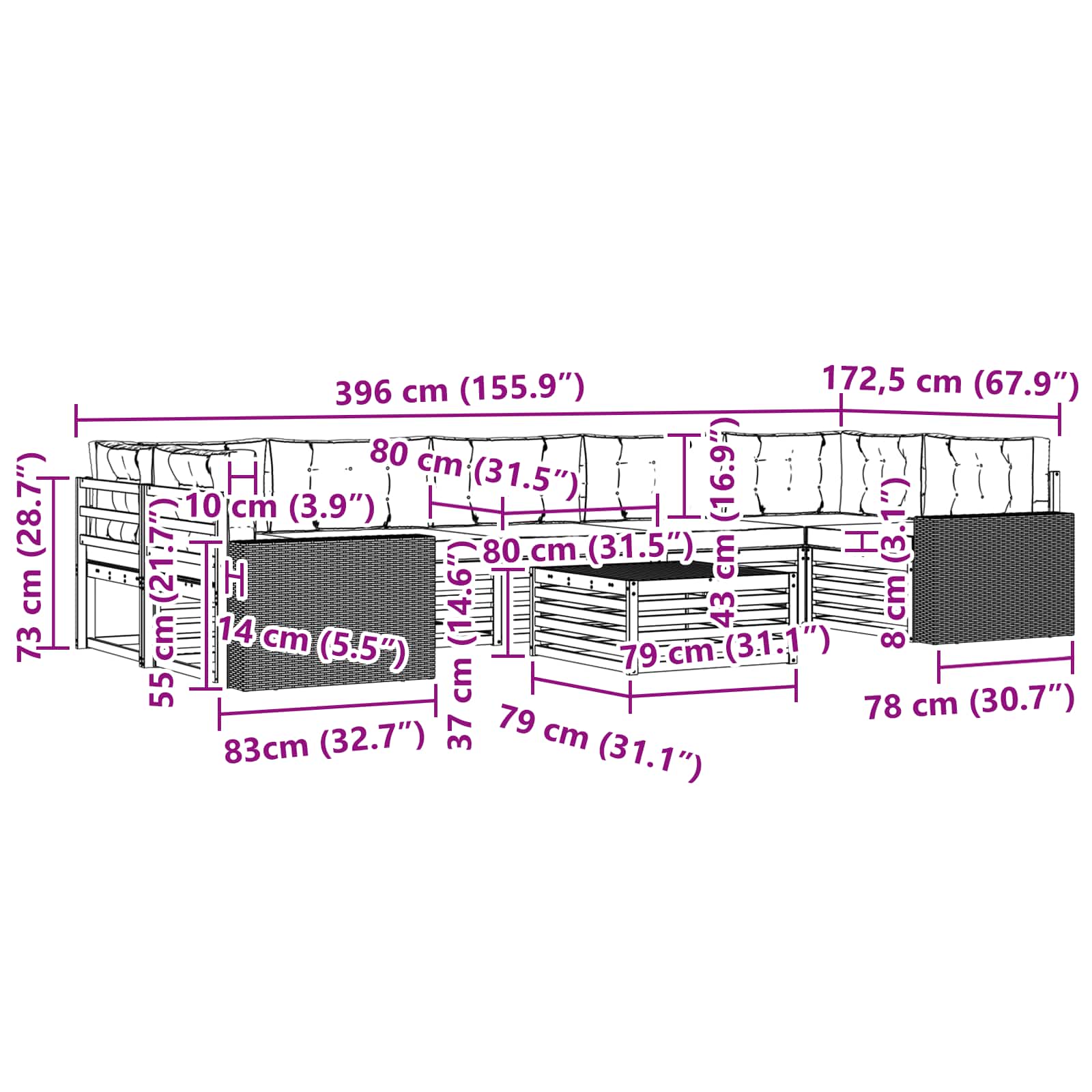 Set vanjskih sofa 8 pcs Prirodna i svjetlosiva