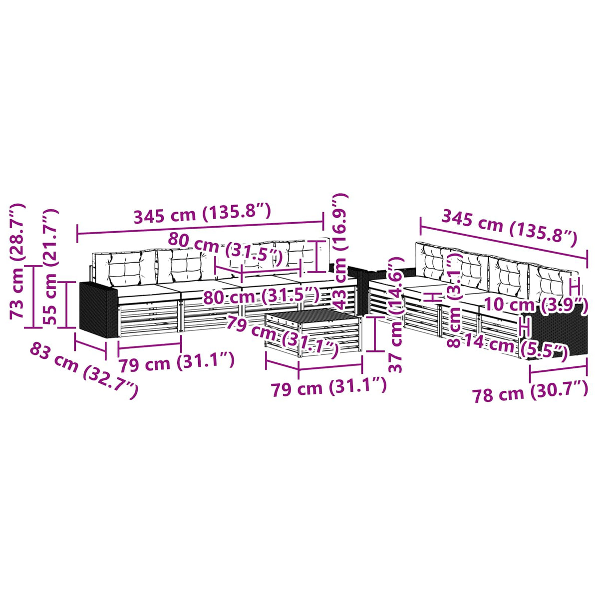 Set vanjskih sofa s jastukom 9 pcs Prirodna i krem Poliester
