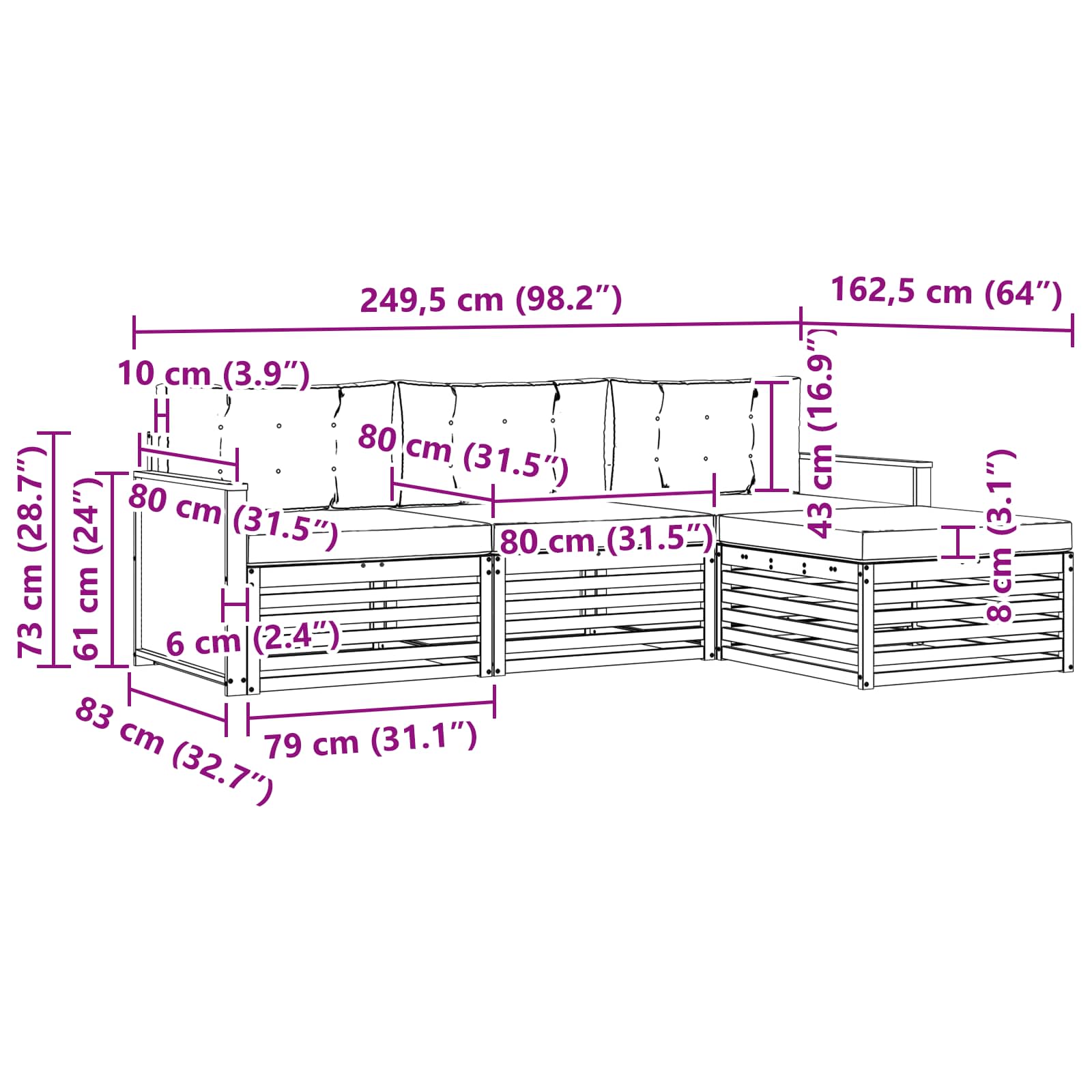 Set vanjskih sofa Prirodna i bež 249,5 x 162,5 x 73 cm
