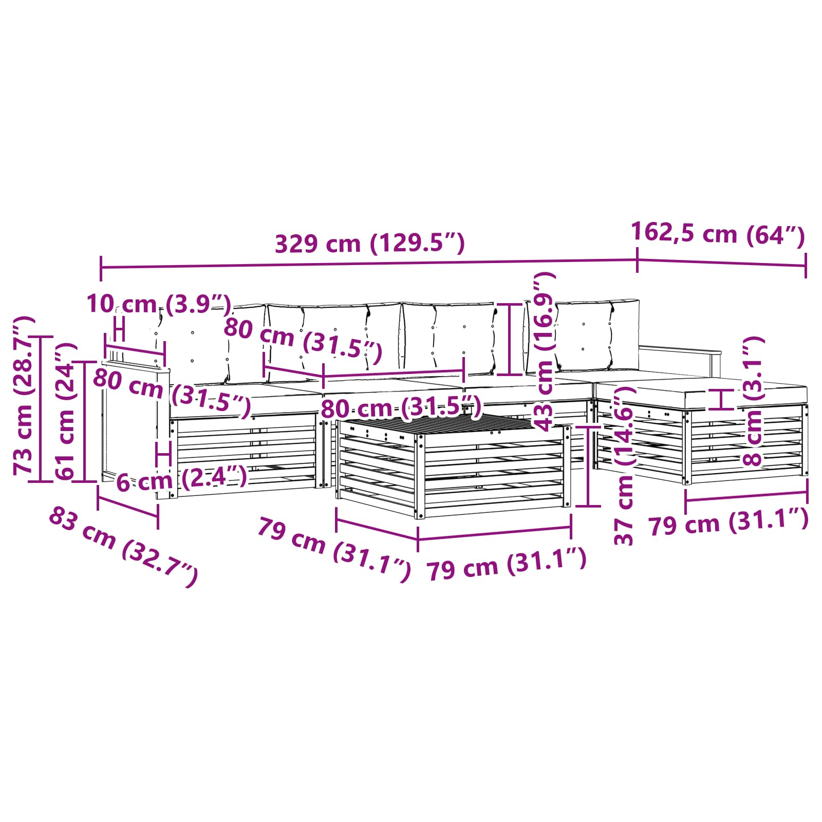 Set vanjskih sofa 6 pcs Prirodna i antracit 79 x 79 x 37 cm