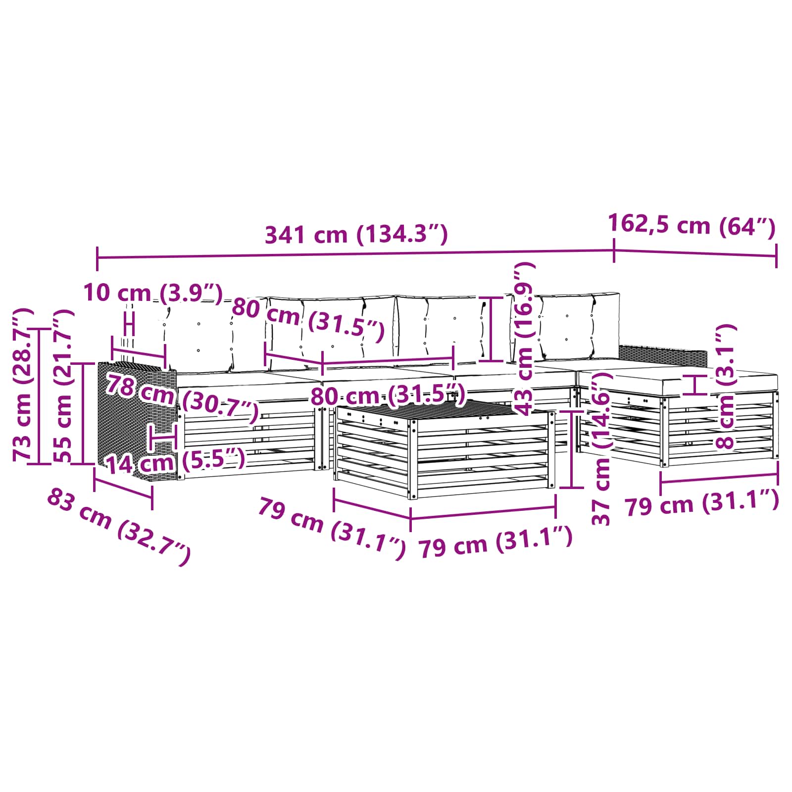 Set vanjskih sofa 6 pcs Prirodna i krem 79 x 79 x 37 cm