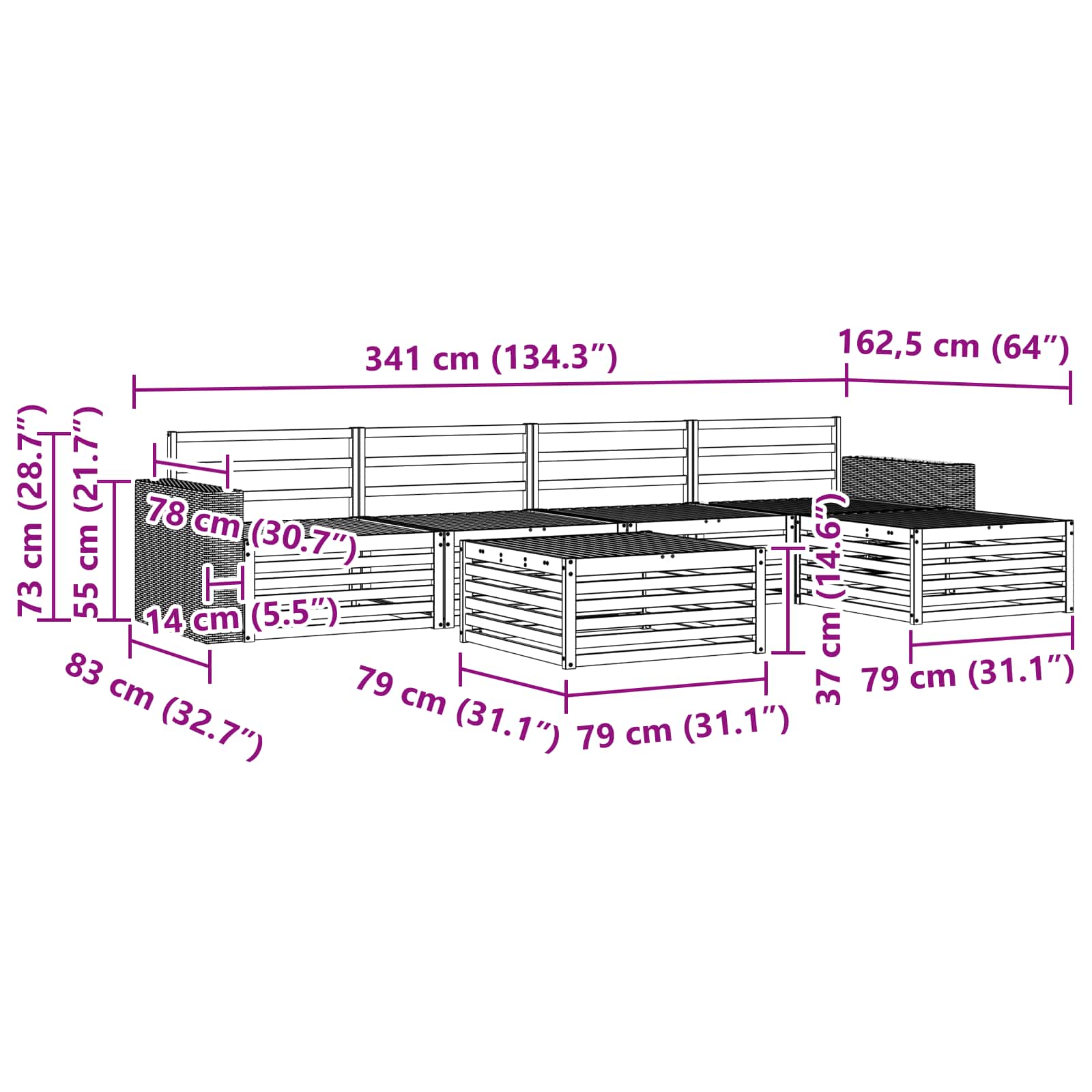 Set vanjskih sofa 6 pcs Prirodna 79 x 79 x 37 cm