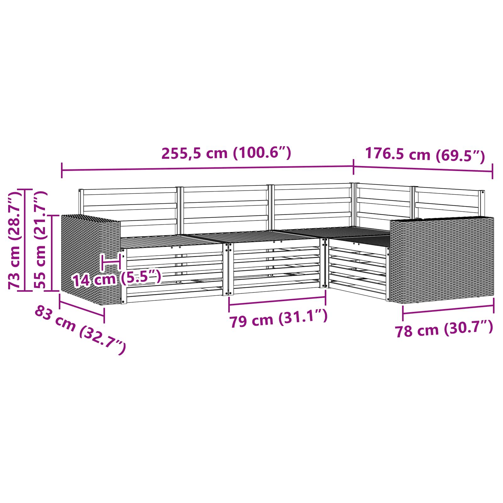 Set vanjskih sofa 4 pcs Prirodna 255,5 x 176,5 x 73 cm