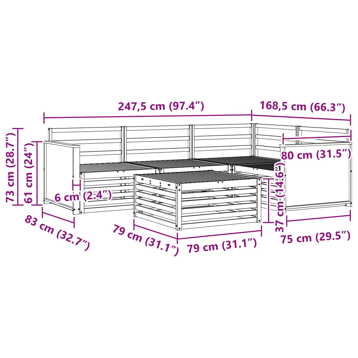 Set vanjskih sofa 5 pcs Prirodna 79 x 79 x 37 cm