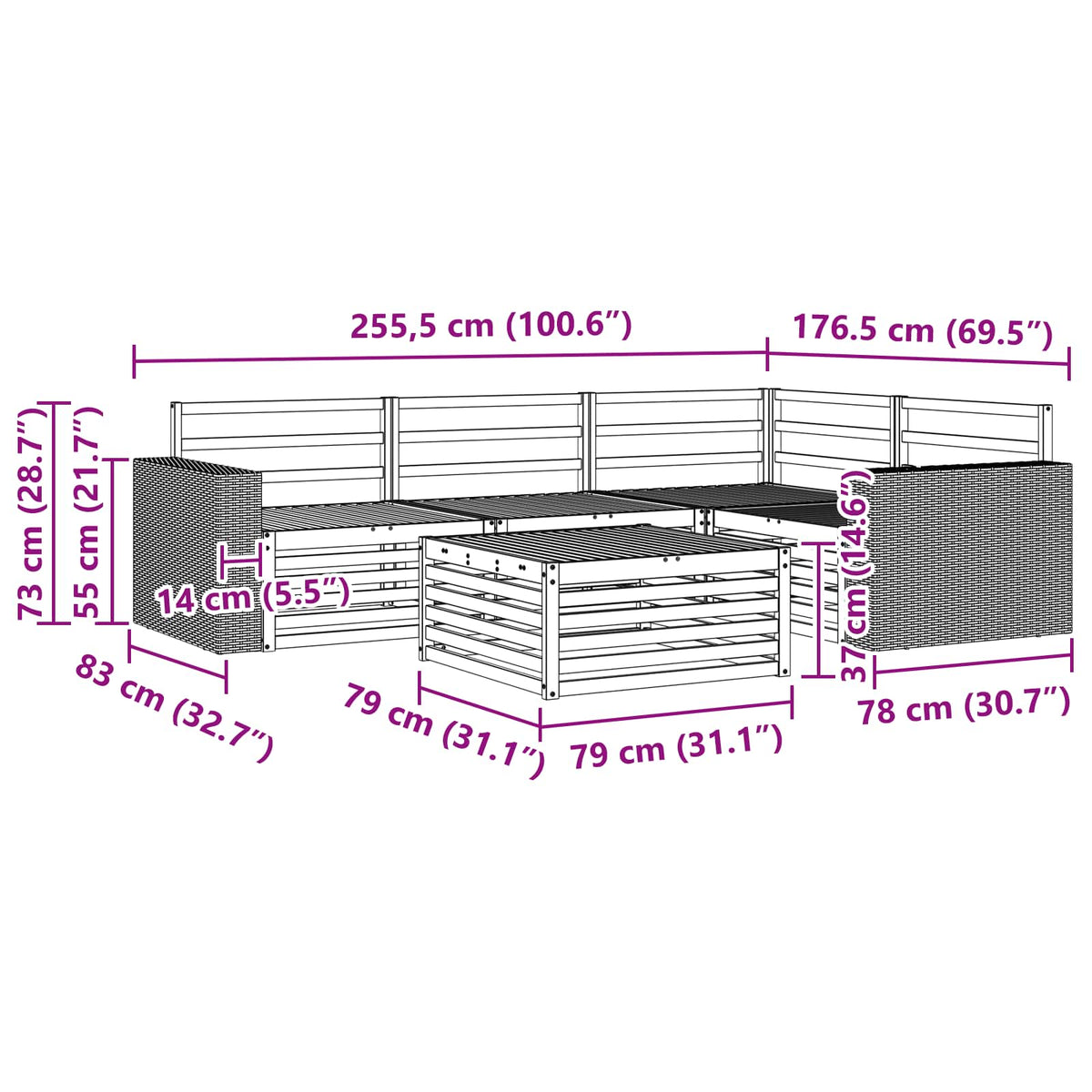 Set vanjskih sofa 5 pcs Prirodna 79 x 79 x 37 cm