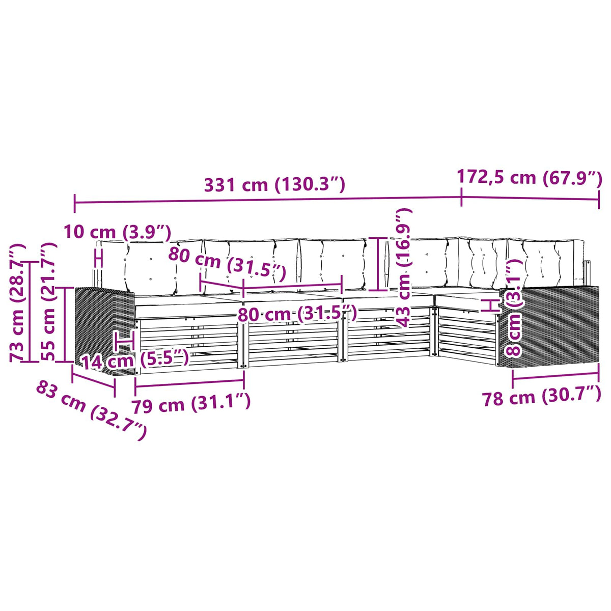 Set vanjskih sofa 5 pcs Prirodna i bež 331 x 172,5 x 73 cm