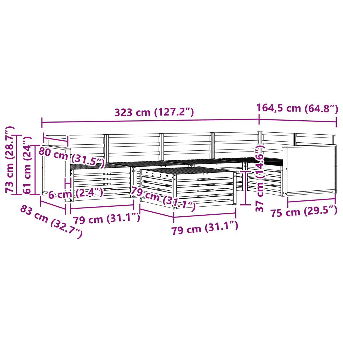 Set vanjskih sofa 6 pcs Prirodna 79 x 79 x 37 cm