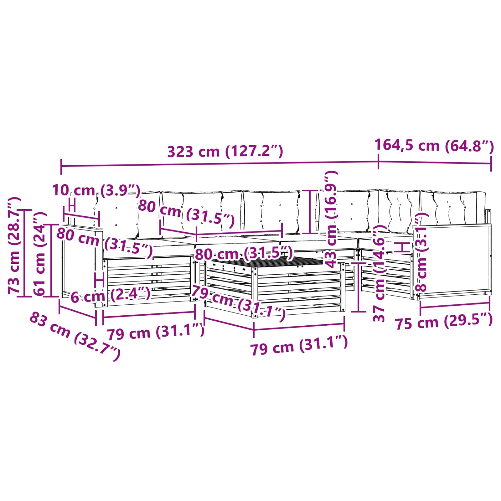 Set vanjskih sofa 6 pcs Prirodna i svjetlosiva 79 x 79 x 37 cm