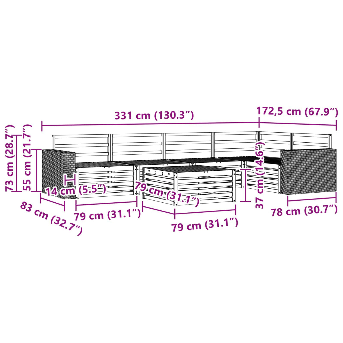 Set vanjskih sofa 6 pcs Prirodna 79 x 79 x 37 cm