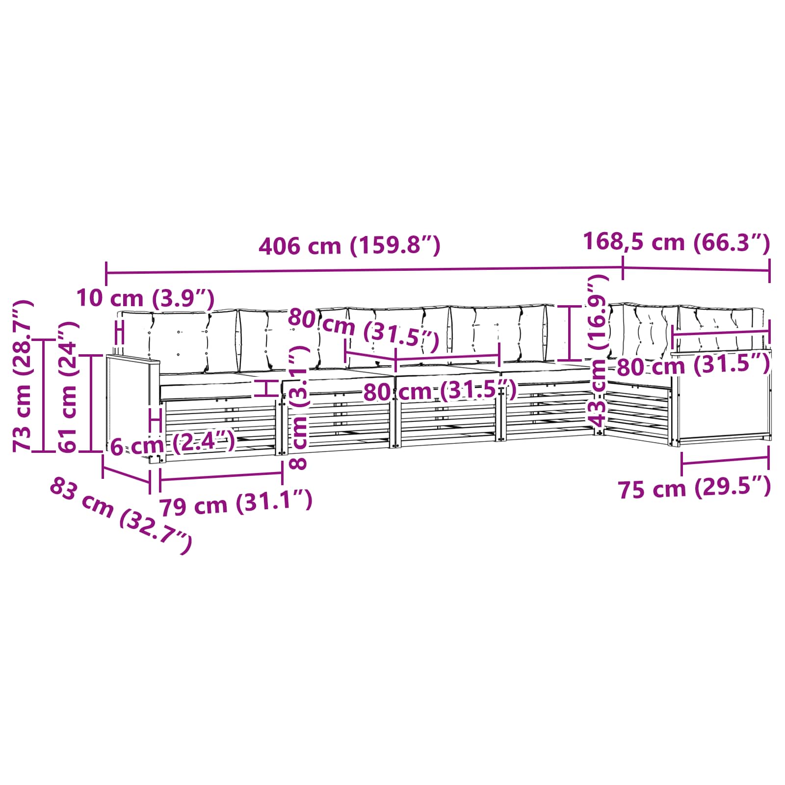 Set vanjskih sofa 6 pcs Prirodna i bež 406 x 168,5 x 73 cm