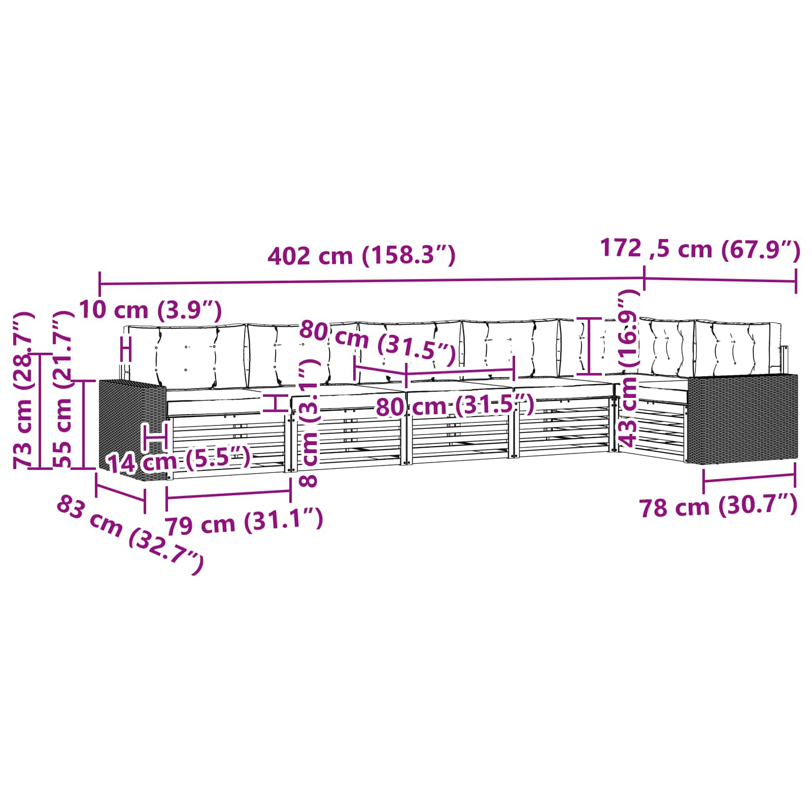 Set vanjskih sofa 6 pcs Prirodna i bež 402 x 172,5 x 73 cm