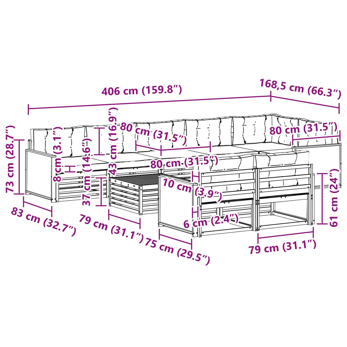 Set vanjskih sofa s jastukom 9 pcs