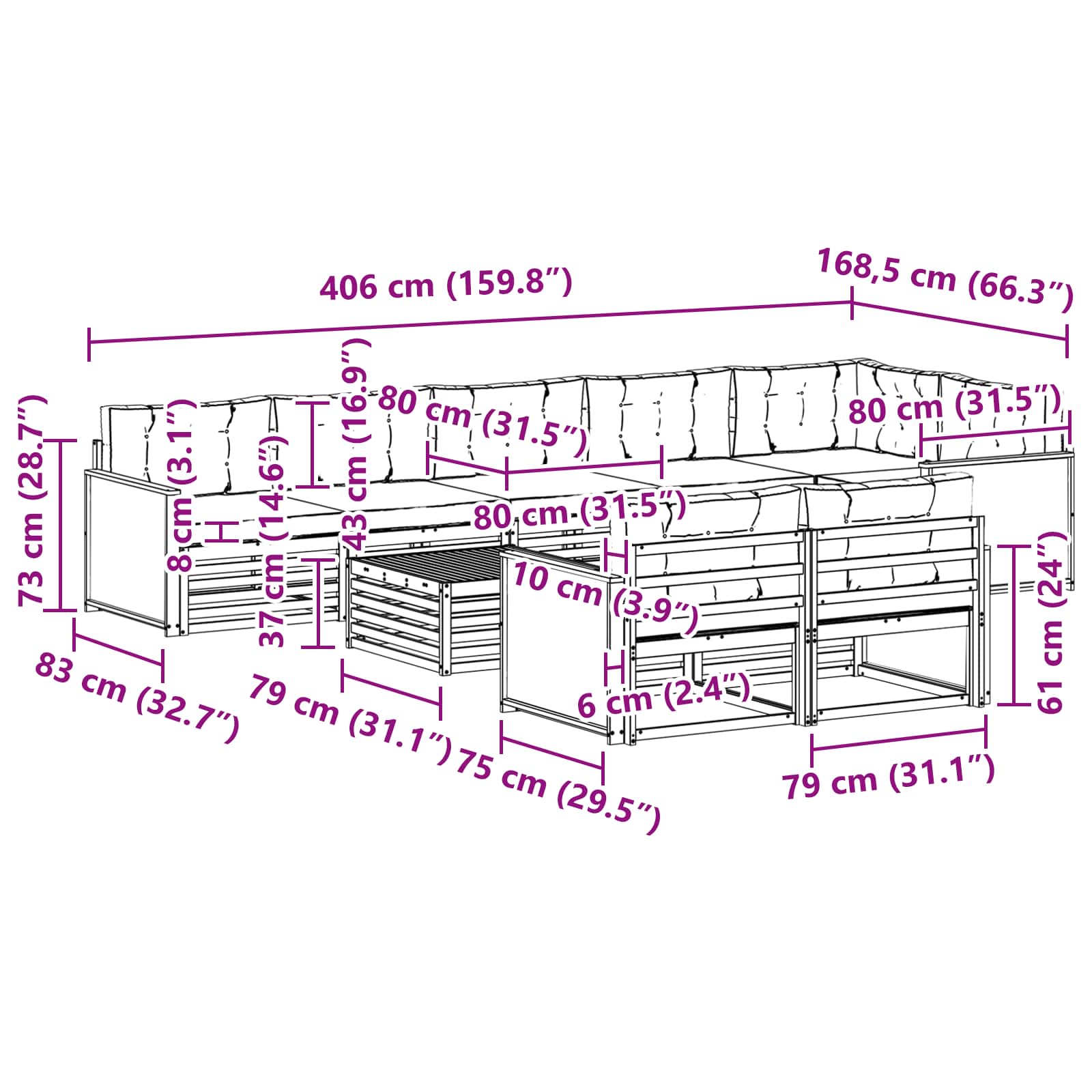 Set vanjskih sofa s jastukom 9 pcs