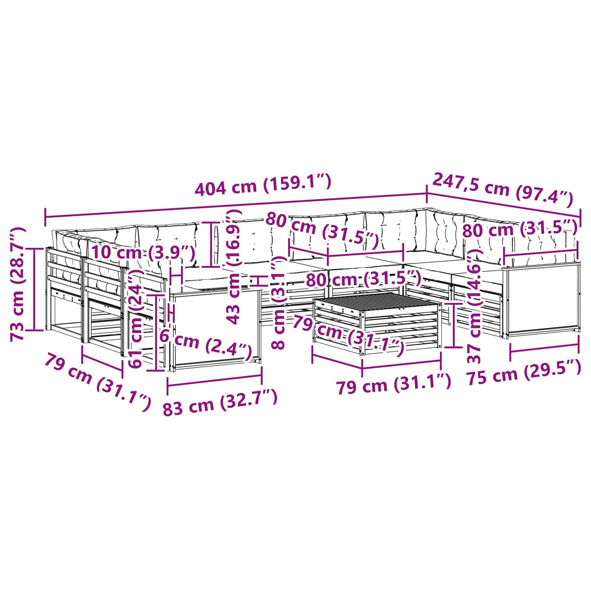 Set vanjskih sofa 10 kom. Prirodna i bež Čvrsto drvo akacije Smeđa