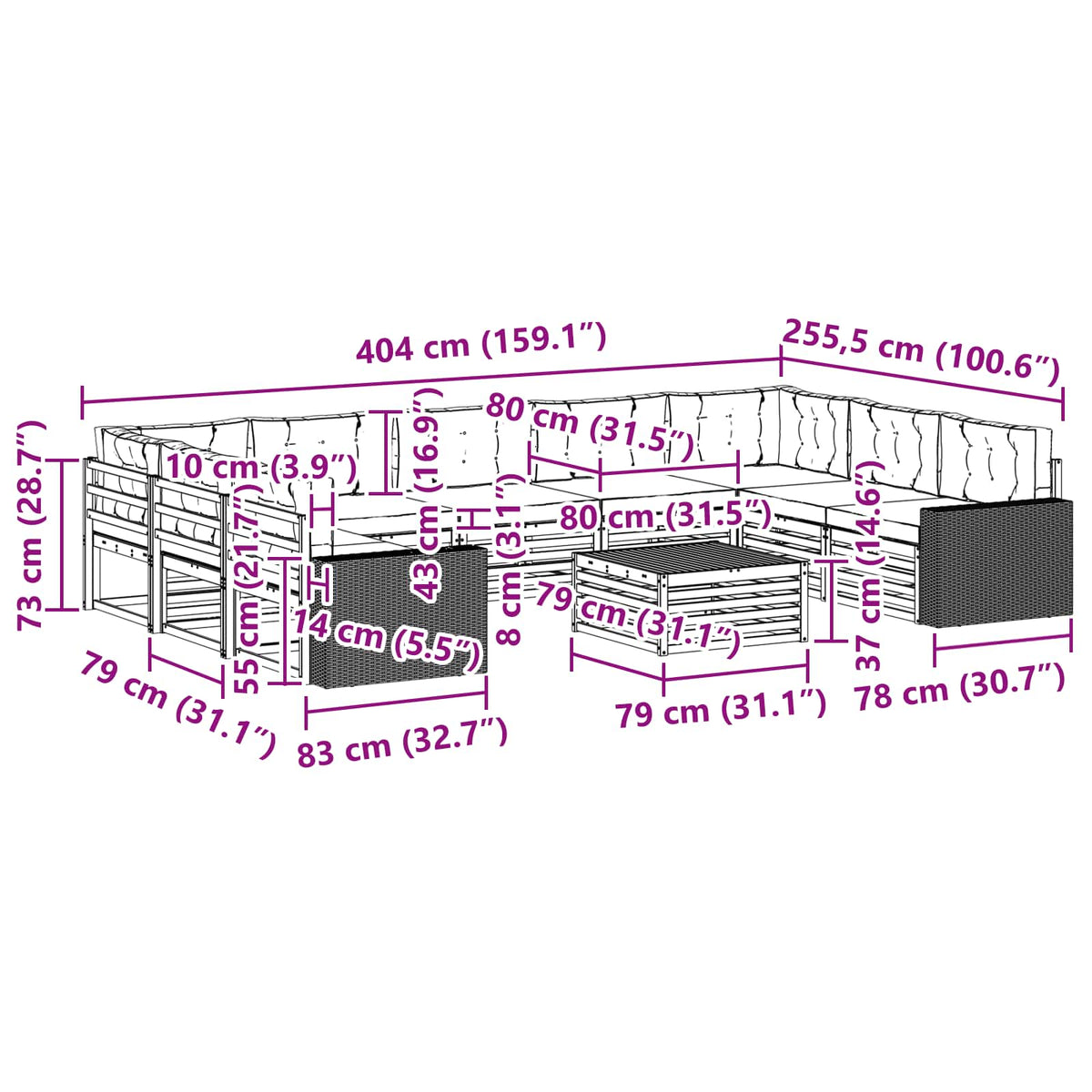 Set vanjskih sofa 10 kom. Prirodna i antracit