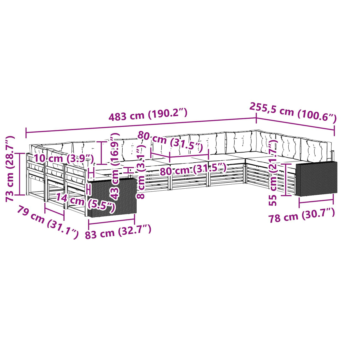 Setovi sofa s jastukom 10 pcs Čvrsto drvo akacije