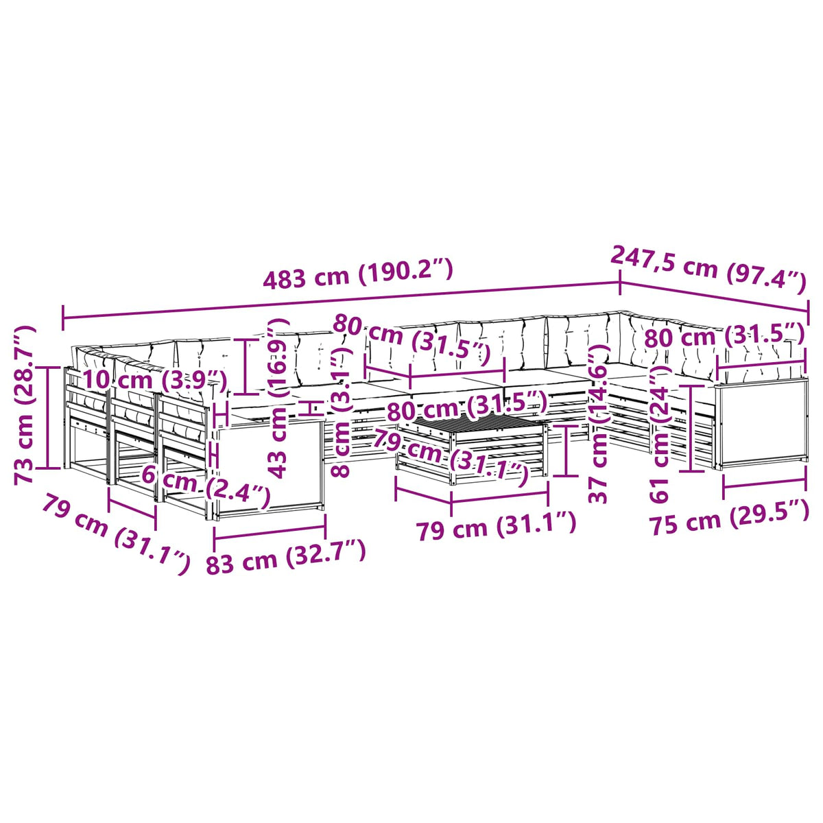 Setovi sofa s jastukom 11 pcs Čvrsto drvo akacije