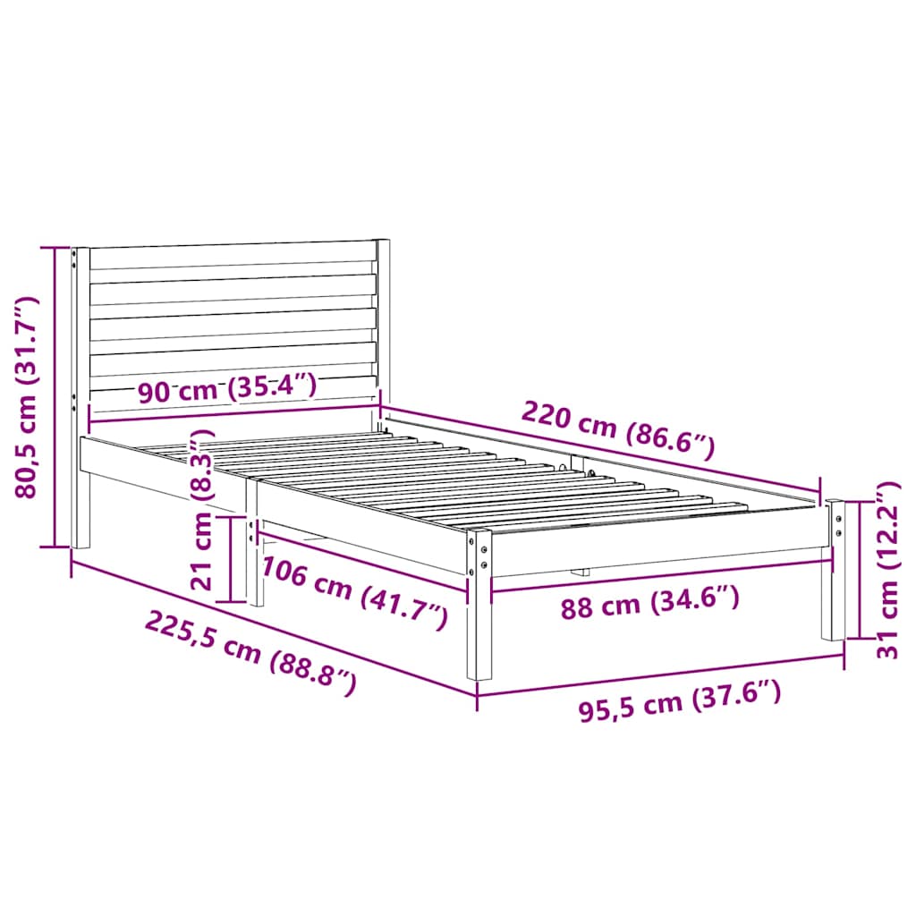 Krevetna konstrukcija Bijelo 90 x 220 cm Čvrsto borovo drvo