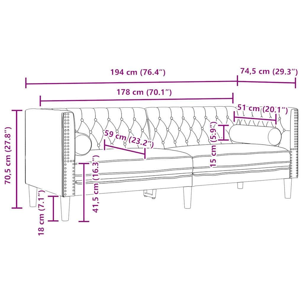 Sofa Tamno siva 194 x 74,5 x 70,5 cm Baršun