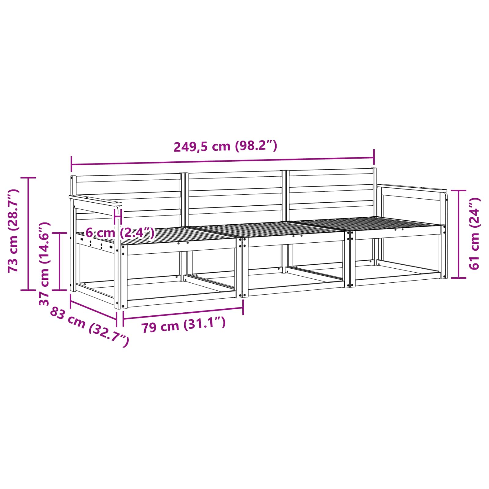 Set vanjskih sofa 3 pcs Bijela 249,5 x 83 x 73 cm