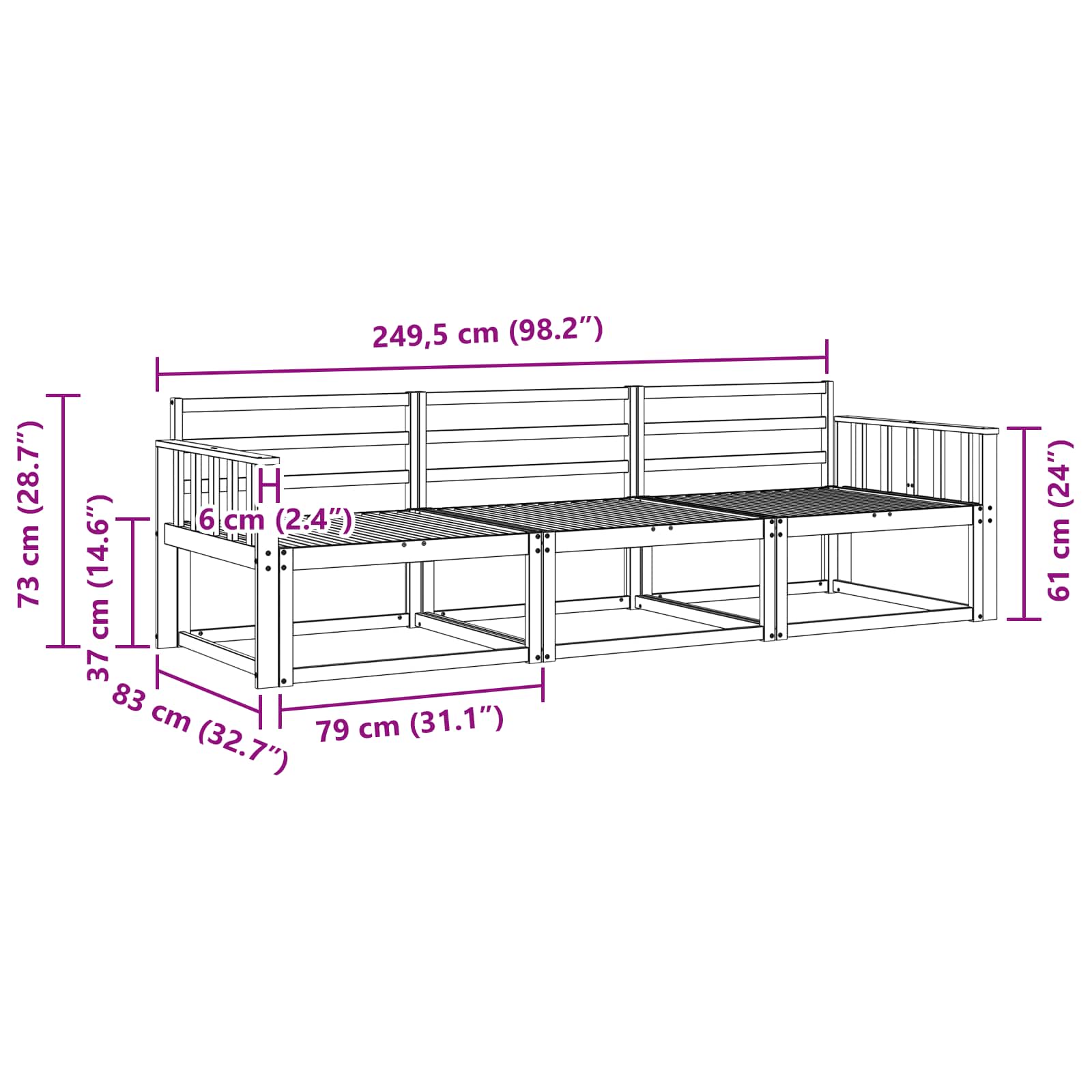 Set vanjskih sofa 3 pcs Bijela 249,5 x 83 x 73 cm