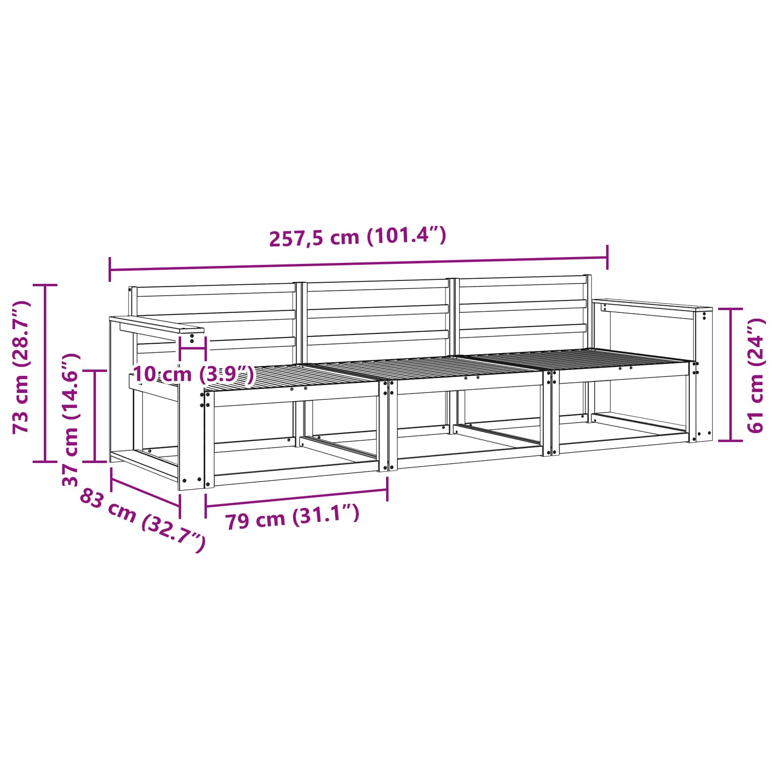 Set vanjskih sofa 3 pcs Bijela 257,5 x 83 x 73 cm