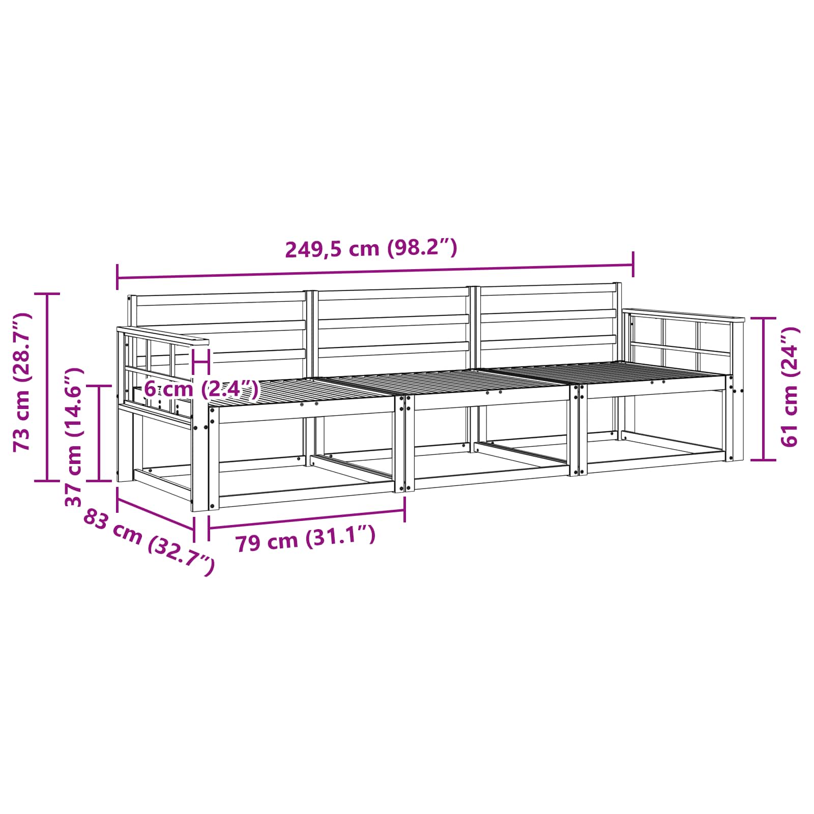 Set vanjskih sofa 3 pcs Bijela 249,5 x 83 x 73 cm