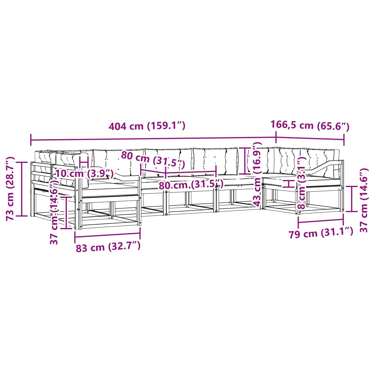Set vanjskih sofa 7 kom. Bijela i svjetlosiva Smeđa 404 x 166,5 x 73 cm