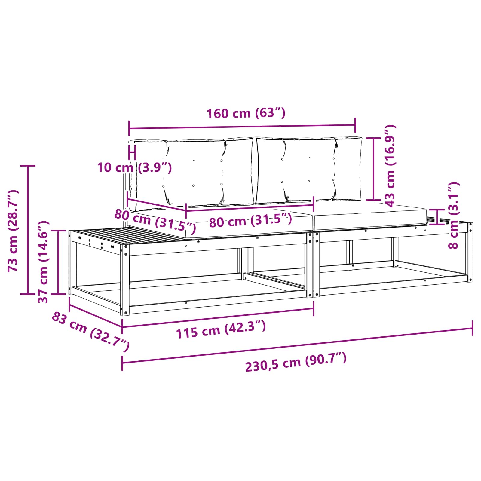 Set vanjskih sofa Bijela 230,5 x 83 x 73 cm Poliester