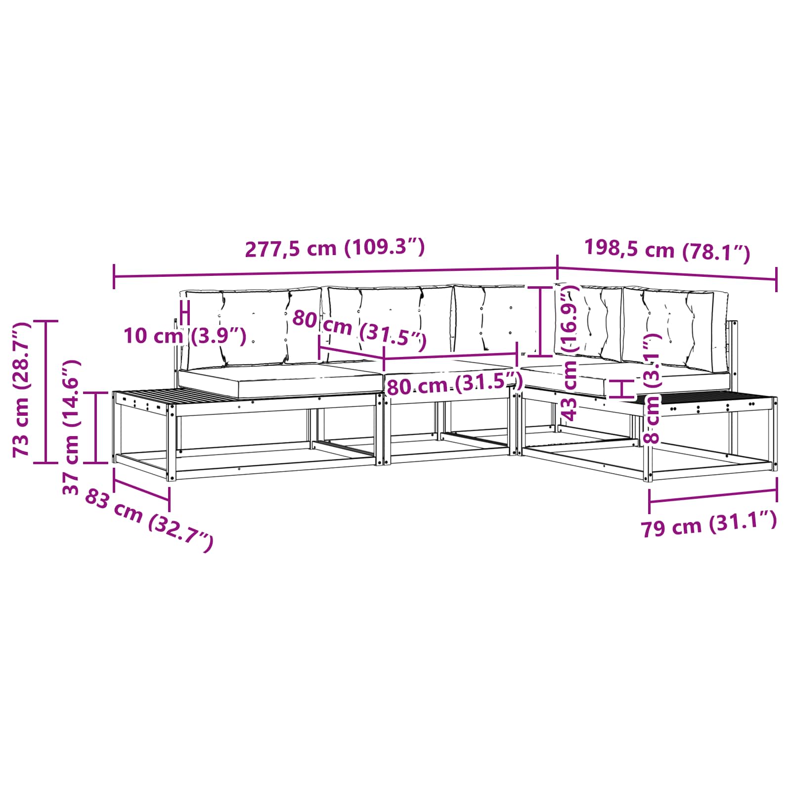 Set vanjskih sofa Bijela 277,5 x 198,5 x 73 cm Poliester