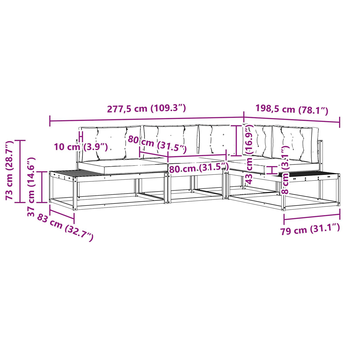 Set vanjskih sofa Bijela 277,5 x 198,5 x 73 cm Poliester