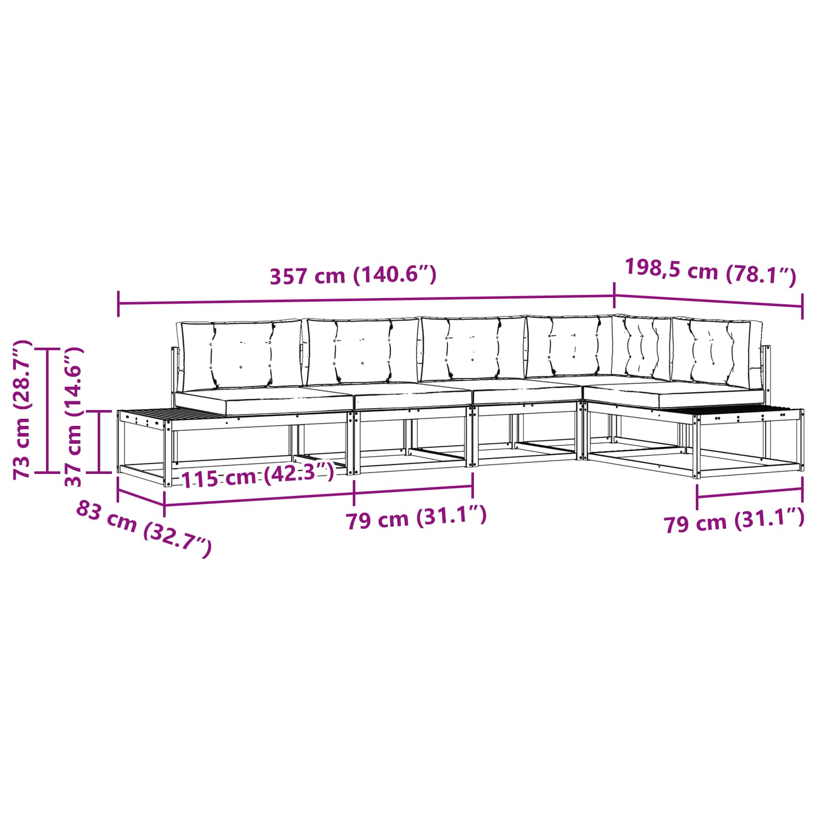 Set vanjskih sofa Bijela 357 x 198,5 x 73 cm Poliester