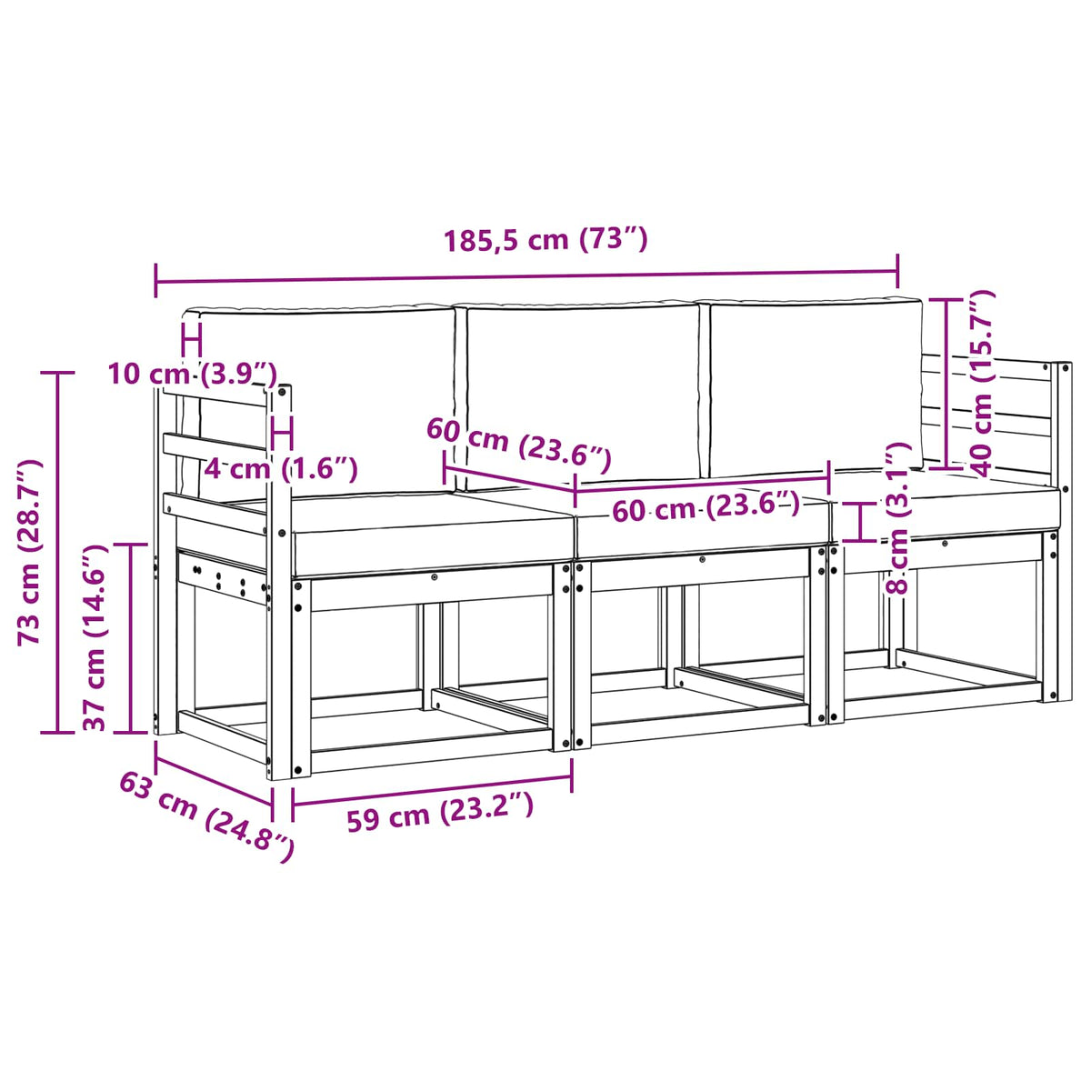 Set vanjskih sofa 3 pcs Bijela i svjetlosiva 185,5 x 63 x 73 cm