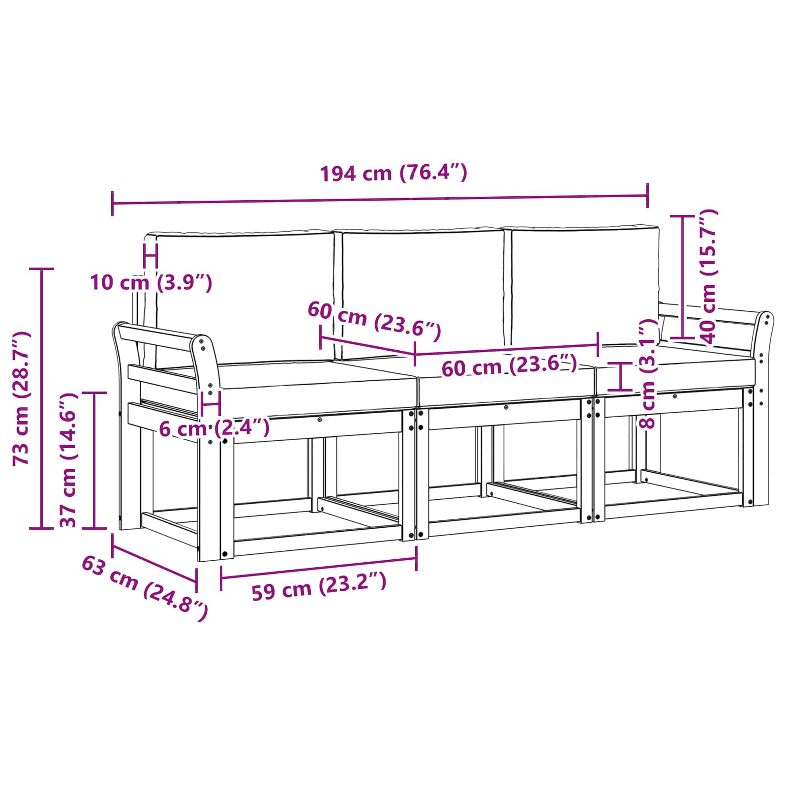 Set vanjskih sofa 3 pcs Bijela i svjetlosiva 194 x 63 x 73 cm