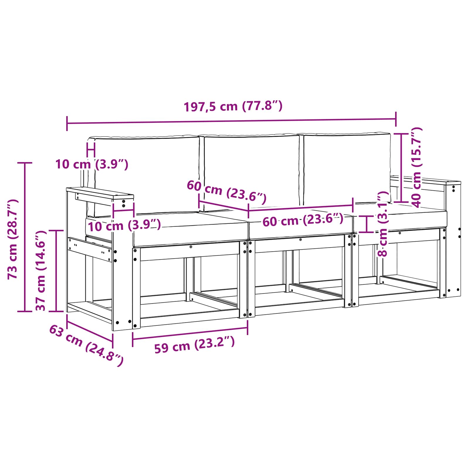 Set vanjskih sofa 3 pcs Bijela i svjetlosiva 197,5 x 63 x 73 cm