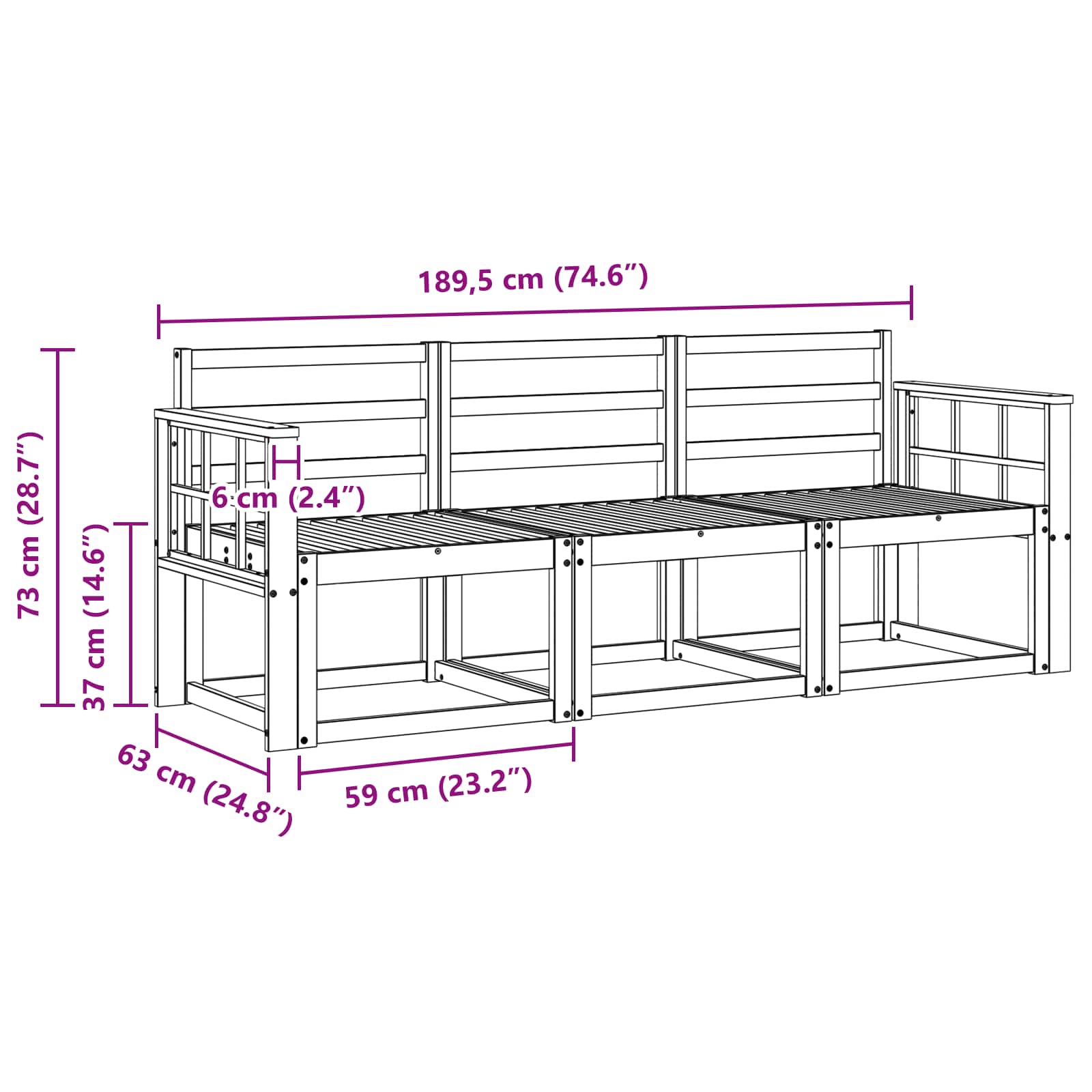 Set vanjskih sofa 3 pcs Bijela 189,5 x 63 x 73 cm