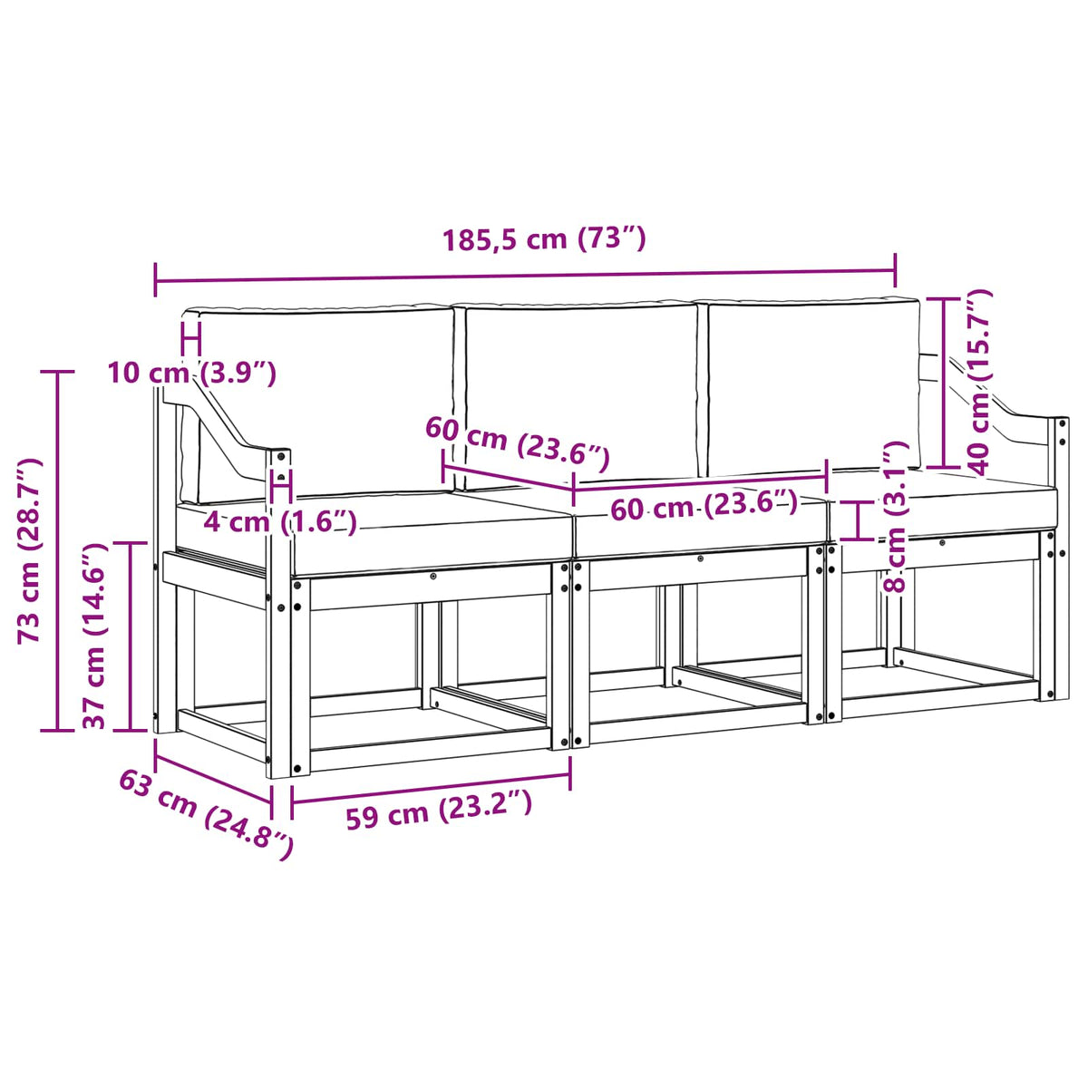 Set vanjskih sofa 3 pcs Bijela i svjetlosiva 185,5 x 63 x 73 cm