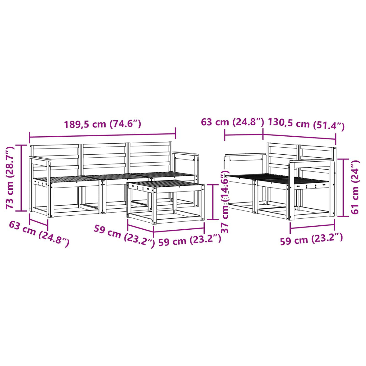 Set vanjskih sofa 6 pcs Bijela 59 x 59 x 37 cm