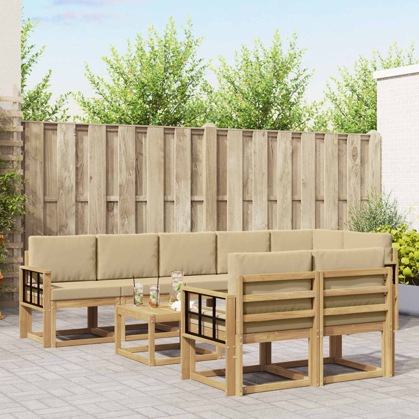 Set vanjskih sofa s jastukom 9 pcs Bijela i bež Poliester