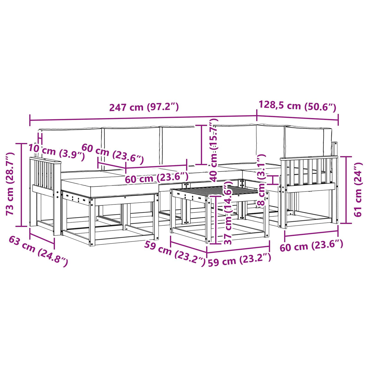 Set vanjskih sofa 7 pcs Bijela i bež Čvrsto drvo akacije