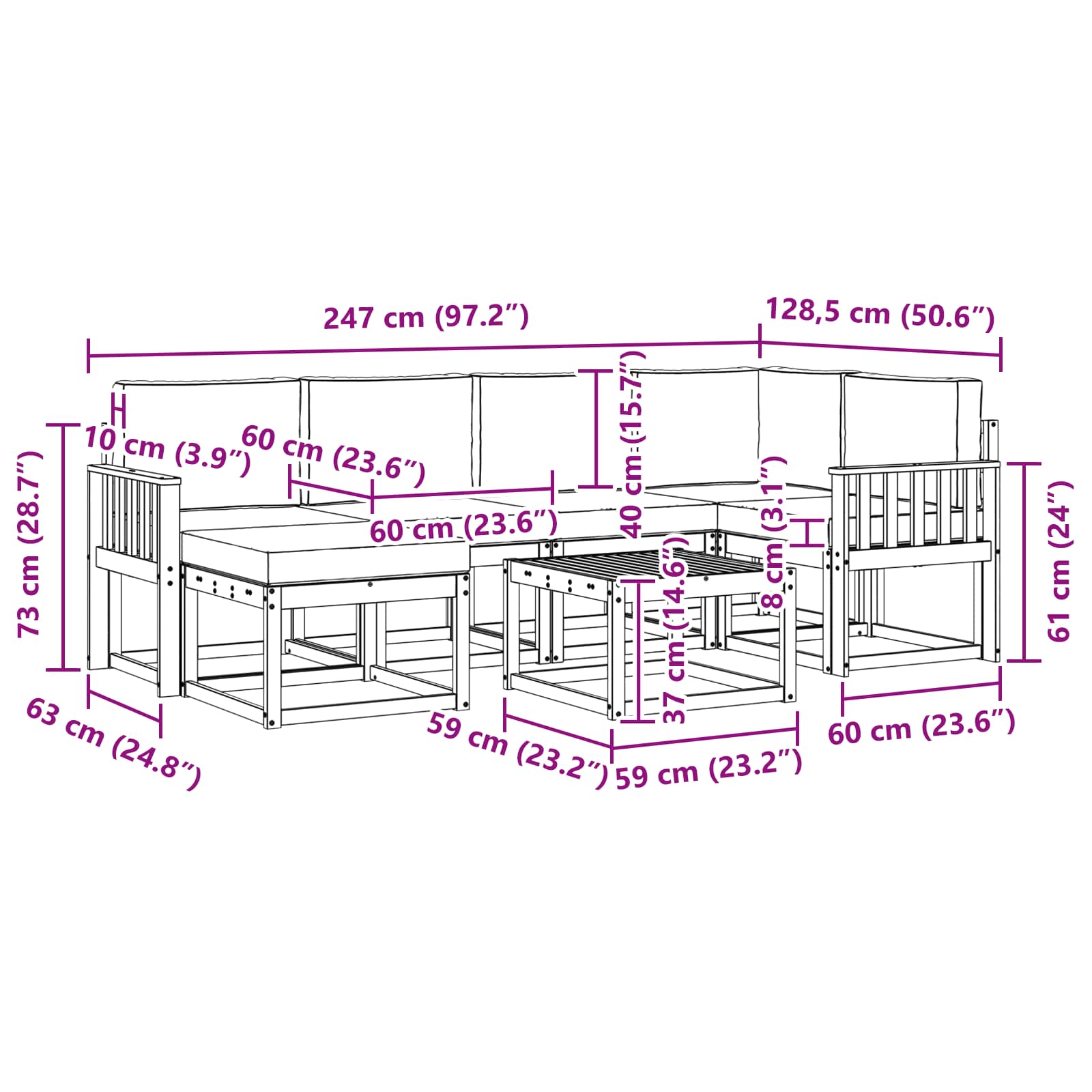 Set vanjskih sofa 7 pcs Bijela i bež Čvrsto drvo akacije