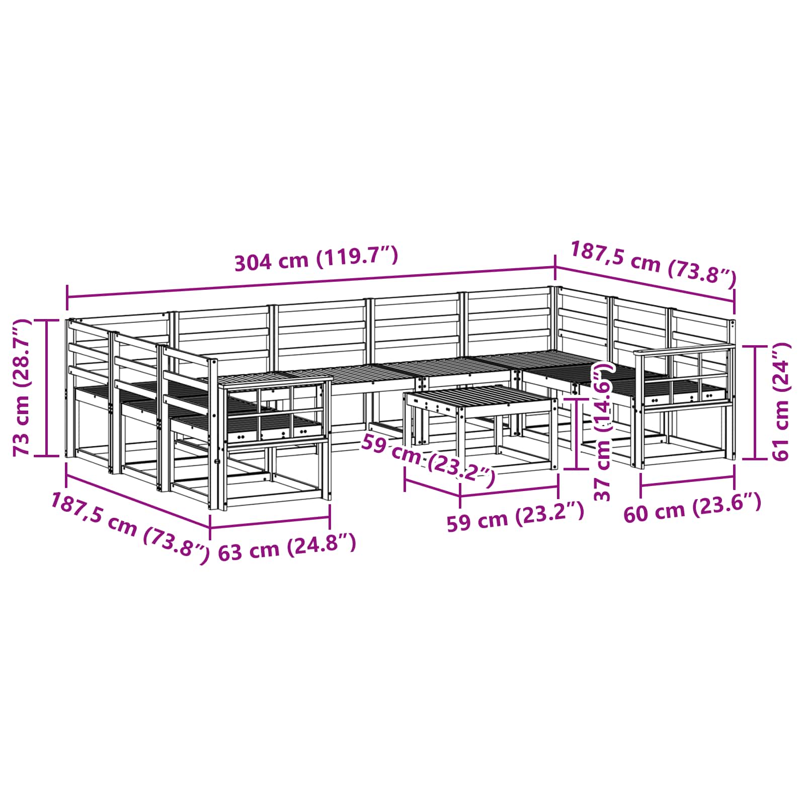 Set vanjskih sofa 10 pcs Bijela Čvrsto drvo akacije