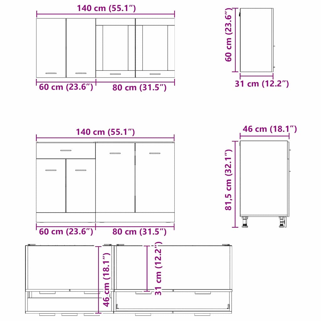 Set kuhinjskih ormarića s ladicama Lyon 4 pcs Sivi hrast sonoma