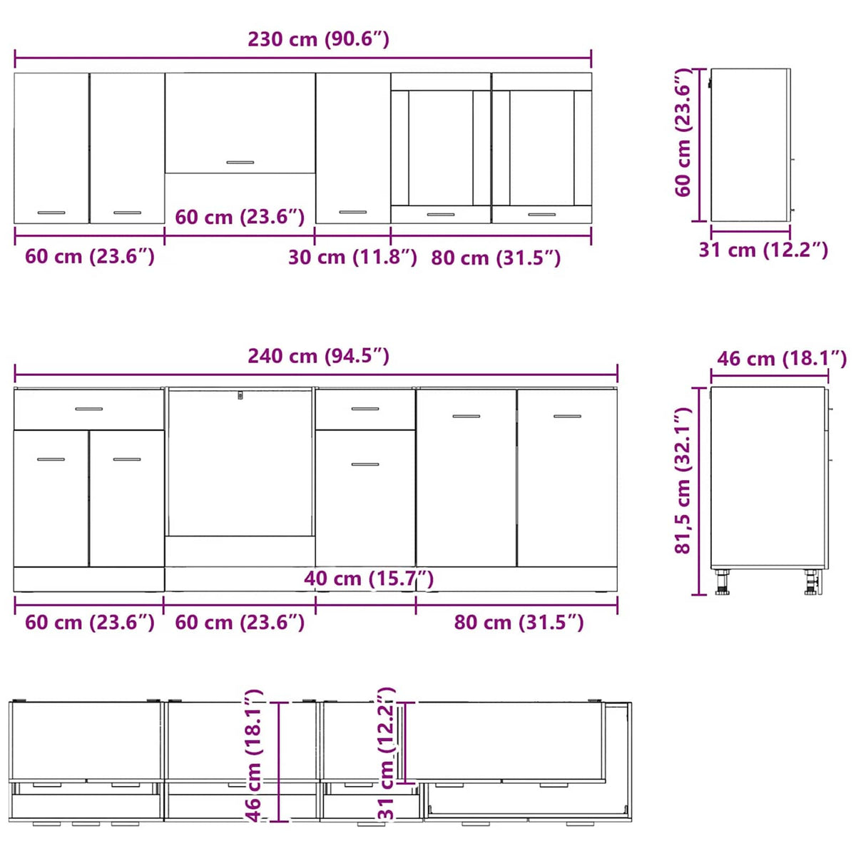 Set kuhinjskih ormarića s ladicama Lyon 8 pcs Dimljeni hrast