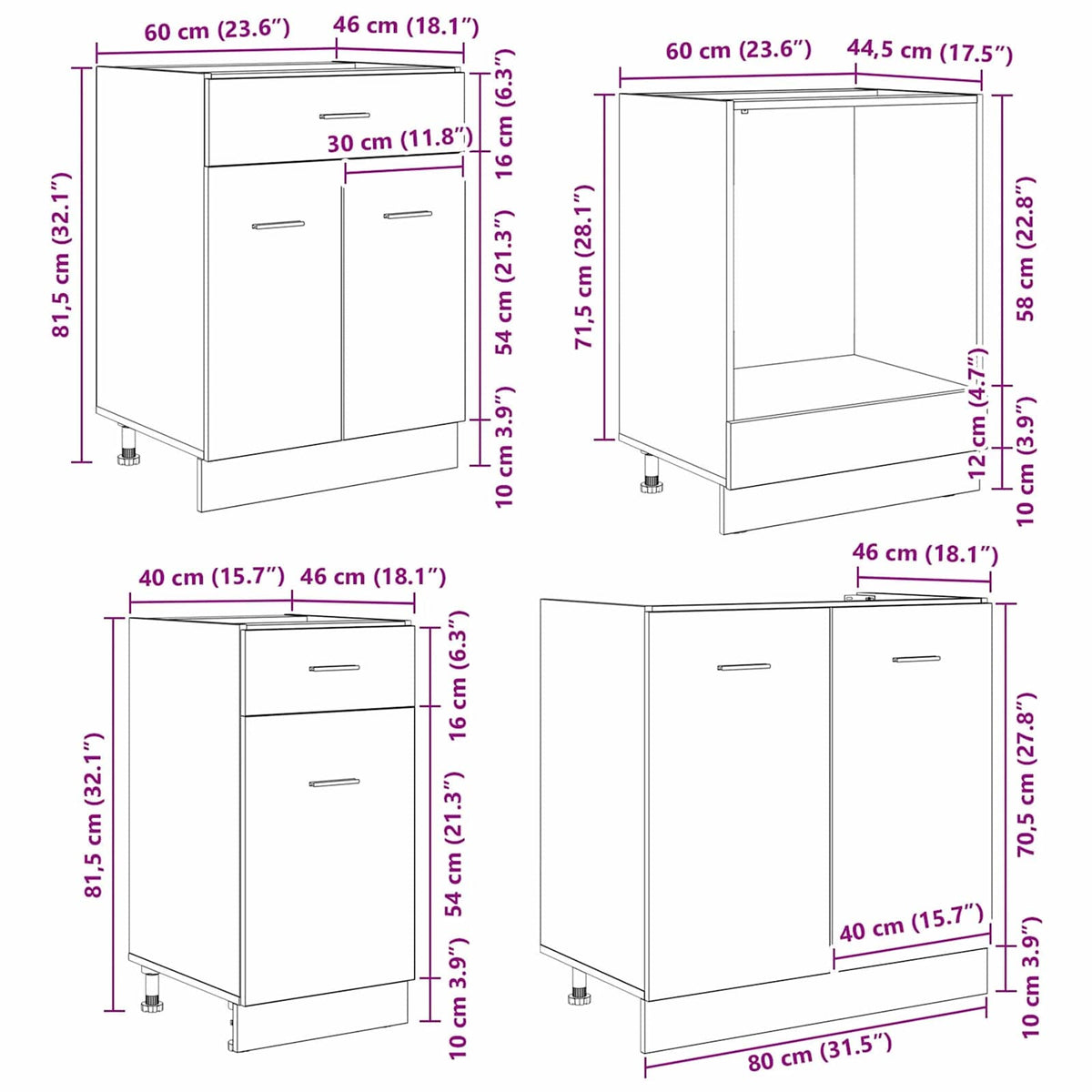 Set kuhinjskih ormarića s ladicama Lyon 8 pcs Dimljeni hrast