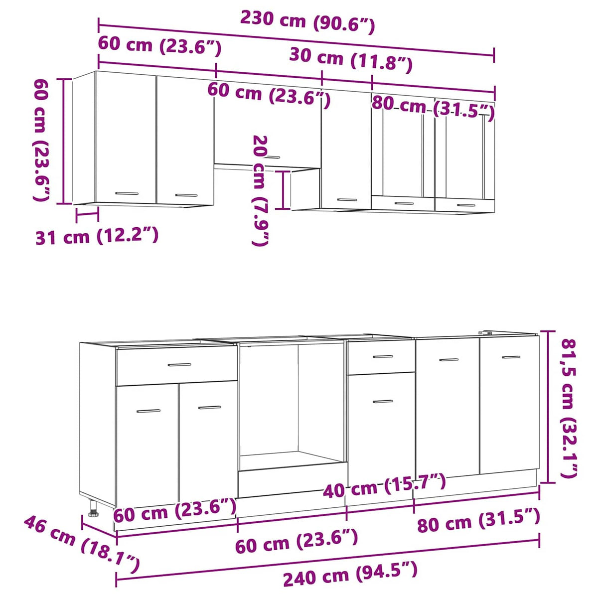 Set kuhinjskih ormarića s ladicama Lyon 8 pcs Dimljeni hrast