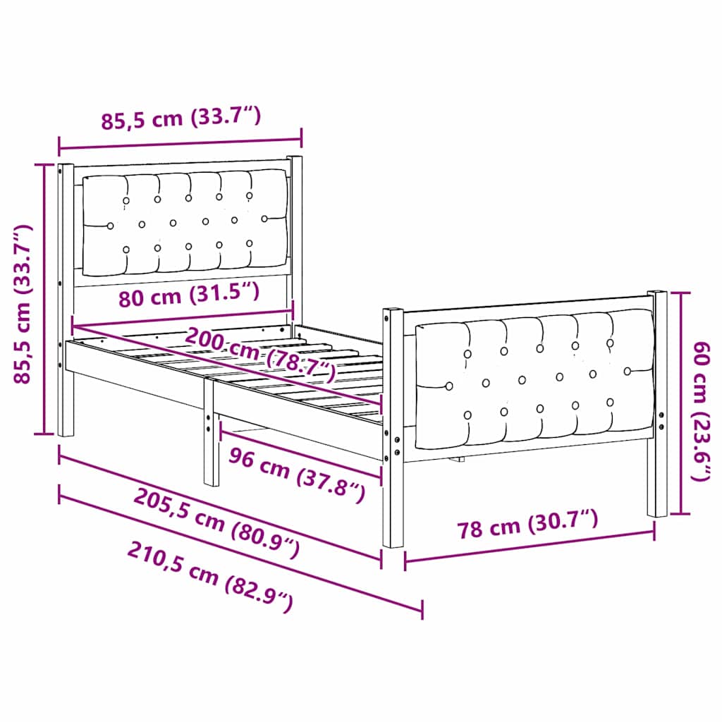 Krevetna konstrukcija Crna 80 x 200 cm Čvrsto borovo drvo