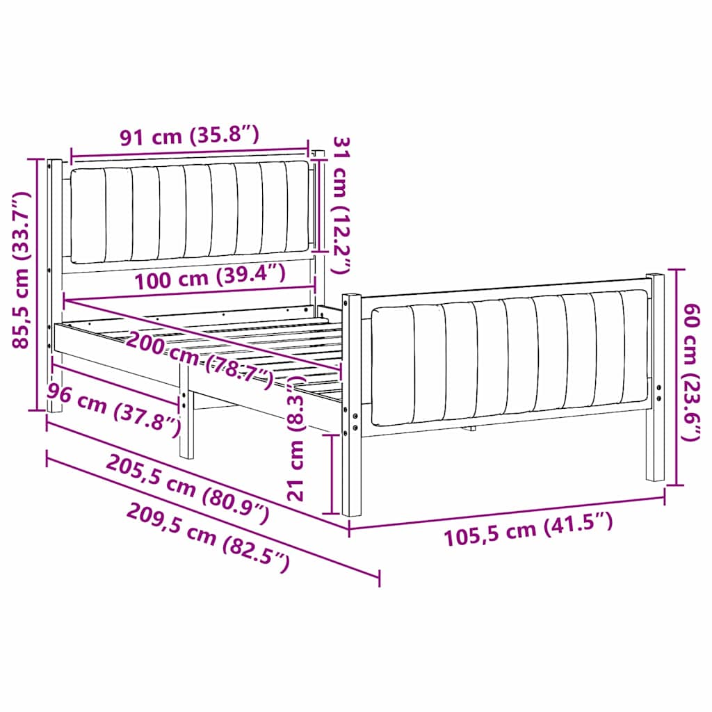 Okvir kreveta Smeđa i crna 100 x 200 cm Masivna borovina