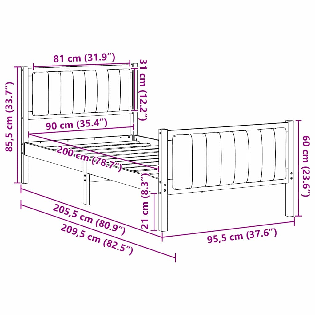 Okvir kreveta s uzglavljem Smeđa i svijetlo siva 90 x 200 cm