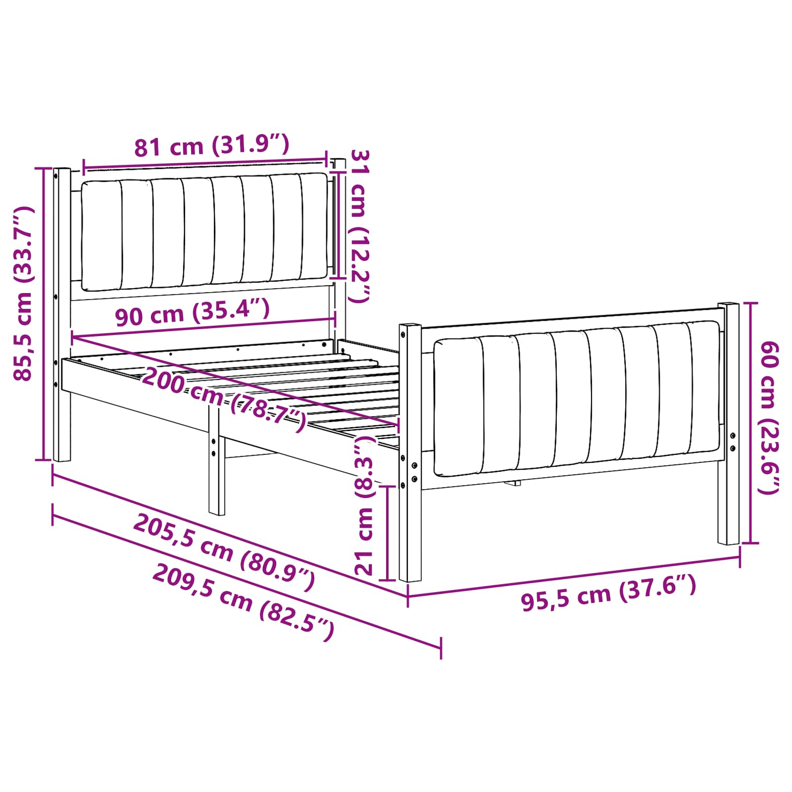 Okvir kreveta smeđe i tamnosivo 90 x 200 cm Masivna borovina